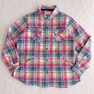 Garage Women's Upcycled Pink and Blue Plaid Insulated Utility Shacket, Size L